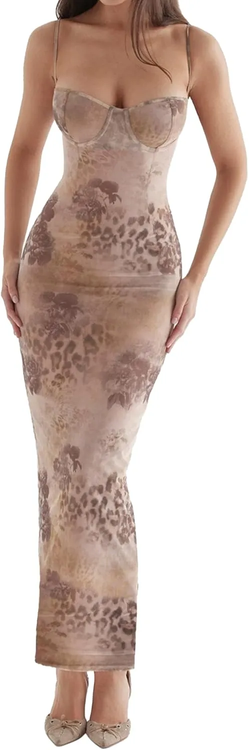Women Sexy Backless Satin Maxi Dresses Spaghetti Strap Floral Print Dresses Slim Fit Elegant Night Party Outfits