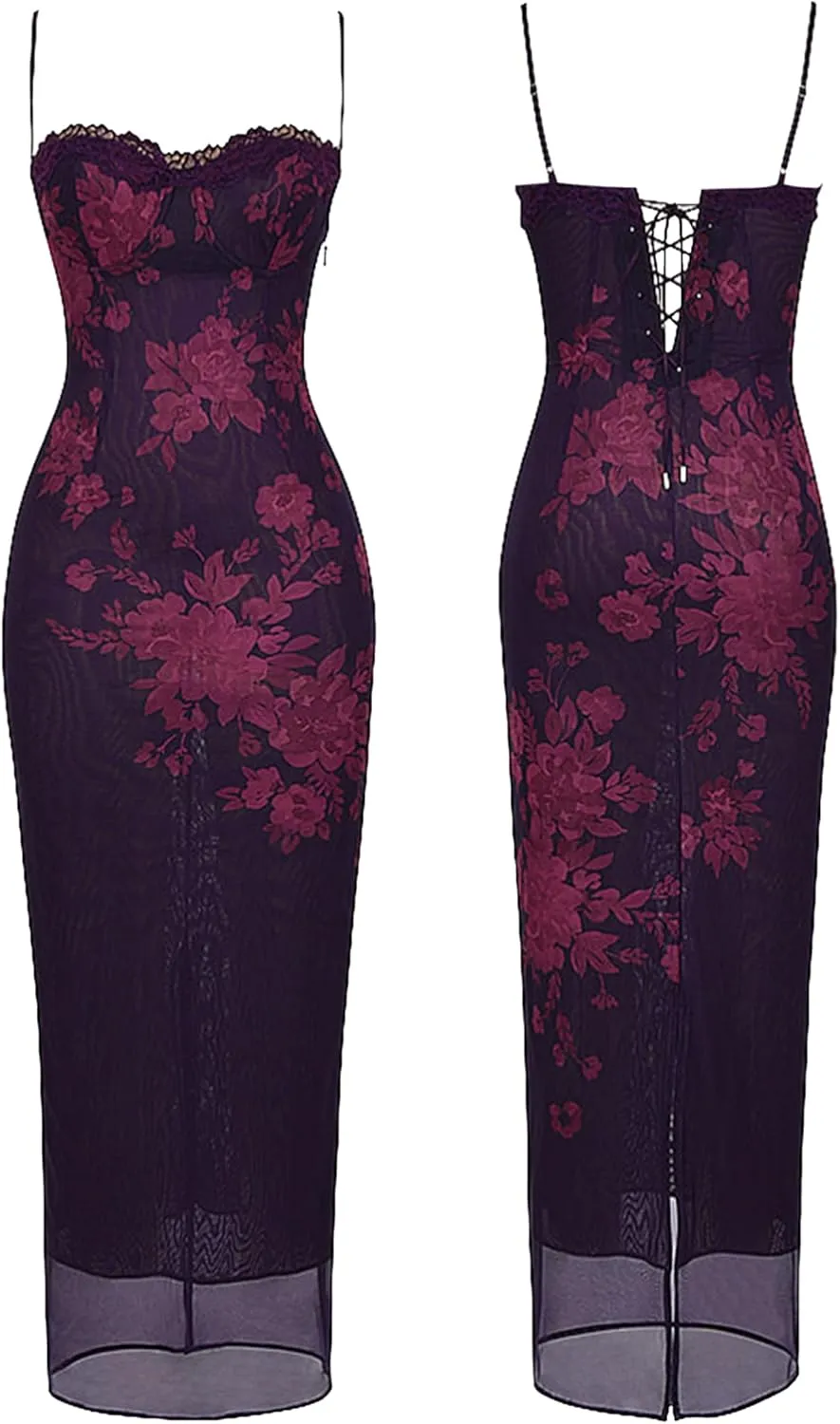 Women Sexy Backless Satin Maxi Dresses Spaghetti Strap Floral Print Dresses Slim Fit Elegant Night Party Outfits