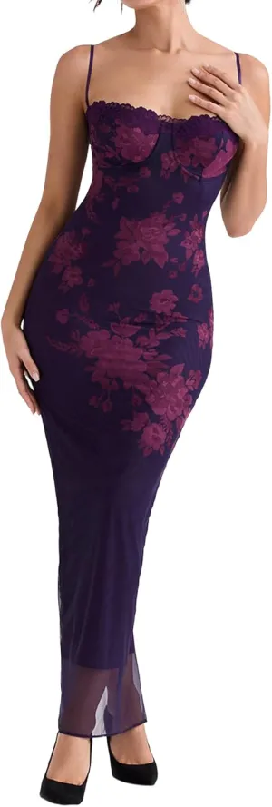 Women Sexy Backless Satin Maxi Dresses Spaghetti Strap Floral Print Dresses Slim Fit Elegant Night Party Outfits