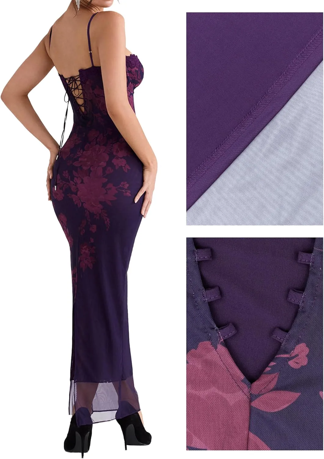Women Sexy Backless Satin Maxi Dresses Spaghetti Strap Floral Print Dresses Slim Fit Elegant Night Party Outfits