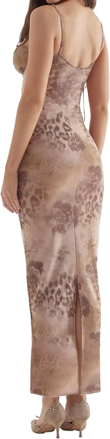 Women Sexy Backless Satin Maxi Dresses Spaghetti Strap Floral Print Dresses Slim Fit Elegant Night Party Outfits