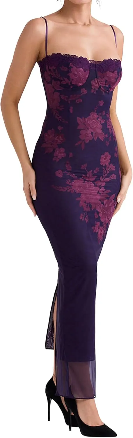 Women Sexy Backless Satin Maxi Dresses Spaghetti Strap Floral Print Dresses Slim Fit Elegant Night Party Outfits