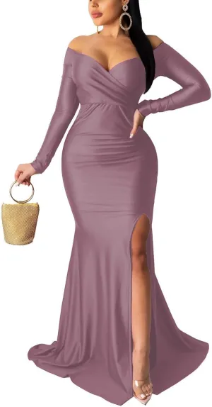 Women Sexy Off Shoulder Prom Evening Gowns Elegant V Neck Short Sleeve Wrap Formal High Split Wedding Guest Dress