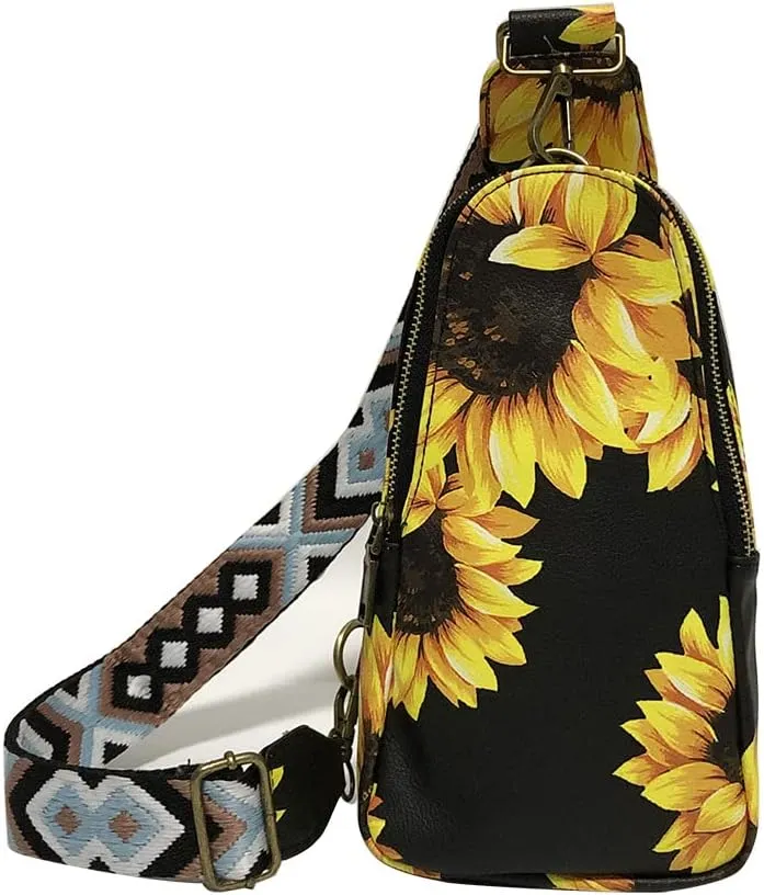 Women Sling Crossbody Fashion Chest Bag Embroidery Jacquard Strap Bohemian Style PU Leather Purses for Daily Outings