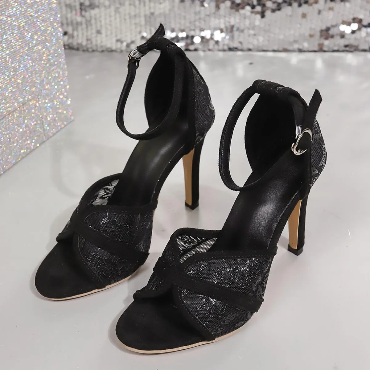 Women Stiletto Shoes, Lace Mesh Open Toe Ballroom Performance Practice Dance Shoes Latin