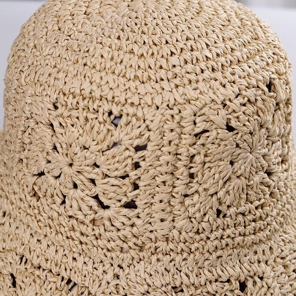 Women Straw Sun Hat Floral Woven Crochet Bucket Hat Y2k Aesthetic Accessories Beach Hat Hand Woven Boho Foldable Cap
