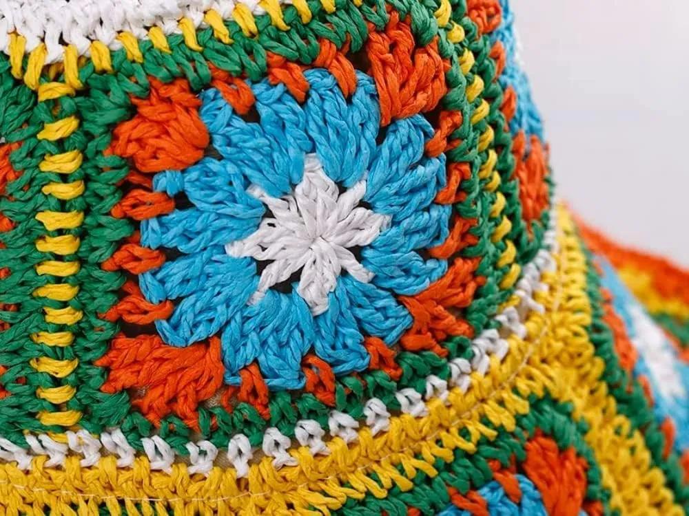 Women Straw Sun Hat Floral Woven Crochet Bucket Hat Y2k Aesthetic Accessories Beach Hat Hand Woven Boho Foldable Cap