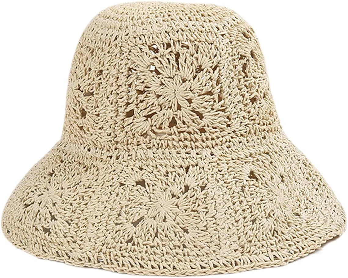 Women Straw Sun Hat Floral Woven Crochet Bucket Hat Y2k Aesthetic Accessories Beach Hat Hand Woven Boho Foldable Cap