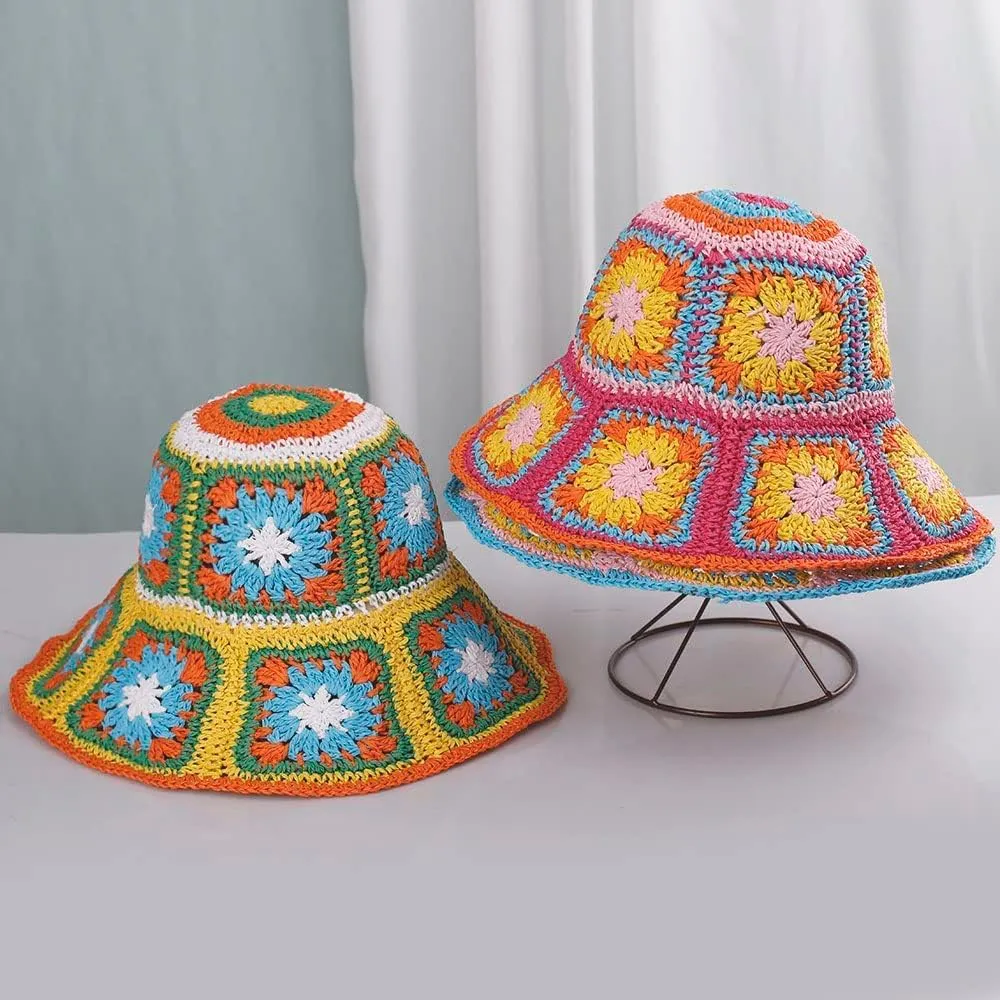 Women Straw Sun Hat Floral Woven Crochet Bucket Hat Y2k Aesthetic Accessories Beach Hat Hand Woven Boho Foldable Cap