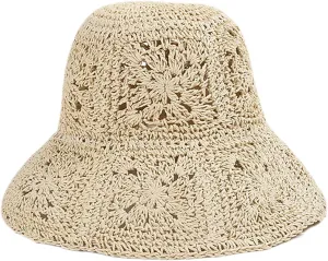 Women Straw Sun Hat Floral Woven Crochet Bucket Hat Y2k Aesthetic Accessories Beach Hat Hand Woven Boho Foldable Cap