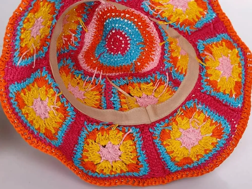 Women Straw Sun Hat Floral Woven Crochet Bucket Hat Y2k Aesthetic Accessories Beach Hat Hand Woven Boho Foldable Cap