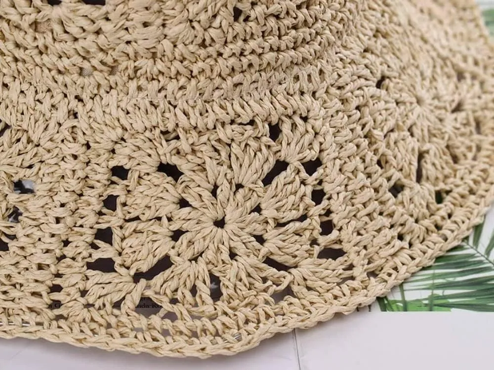 Women Straw Sun Hat Floral Woven Crochet Bucket Hat Y2k Aesthetic Accessories Beach Hat Hand Woven Boho Foldable Cap