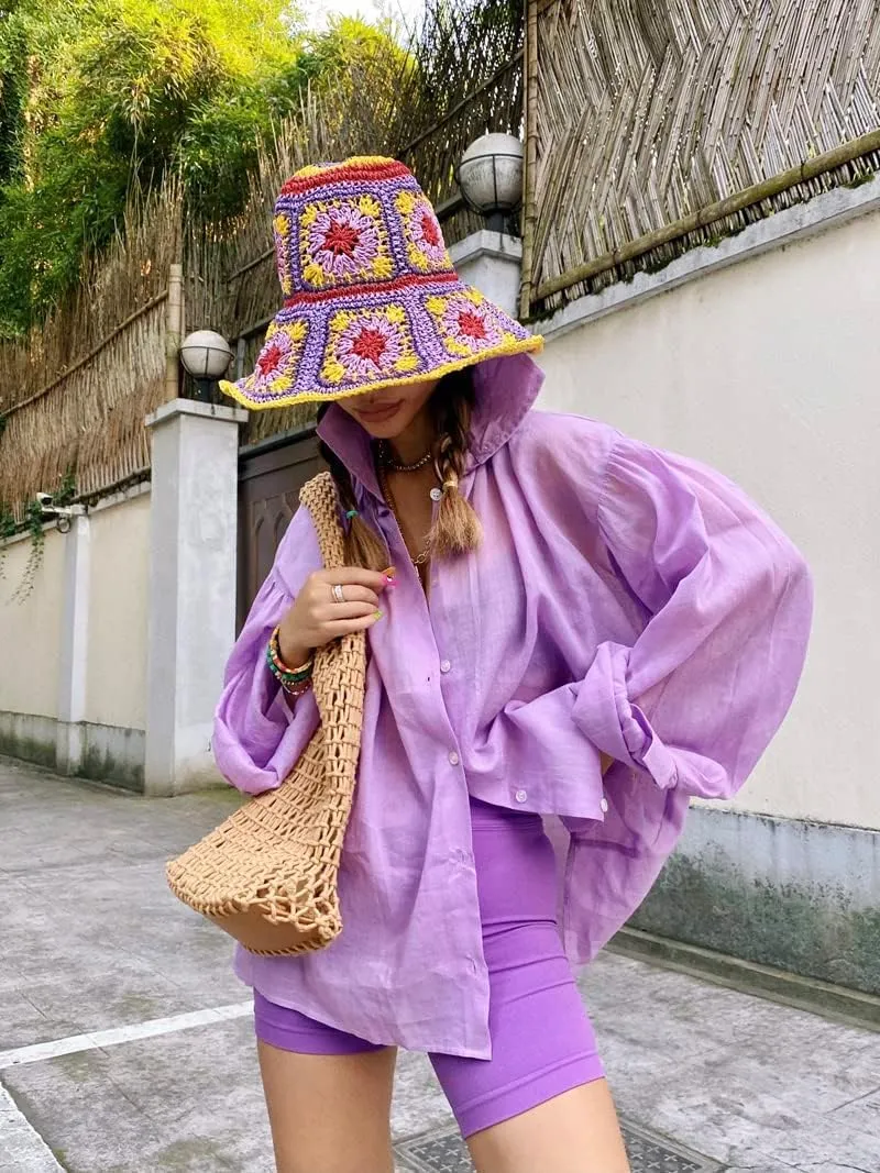 Women Straw Sun Hat Floral Woven Crochet Bucket Hat Y2k Aesthetic Accessories Beach Hat Hand Woven Boho Foldable Cap