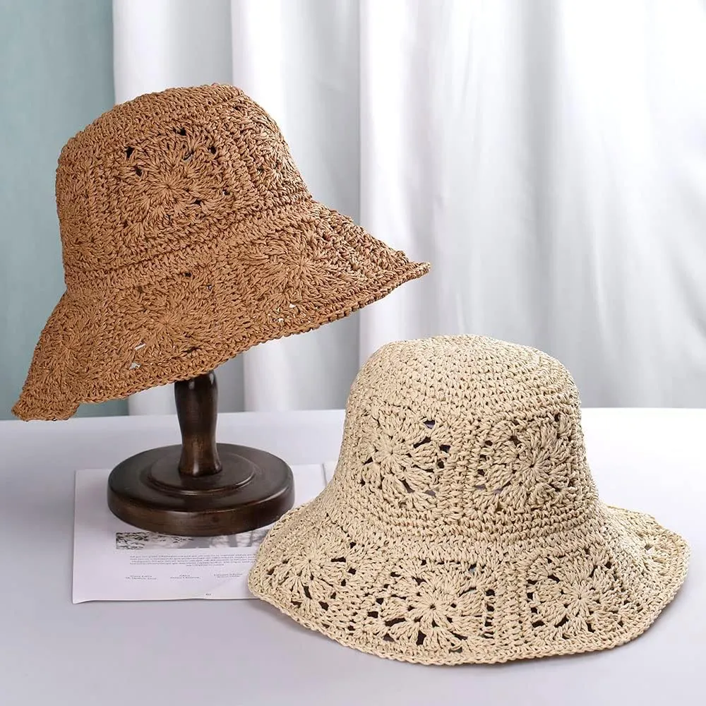 Women Straw Sun Hat Floral Woven Crochet Bucket Hat Y2k Aesthetic Accessories Beach Hat Hand Woven Boho Foldable Cap
