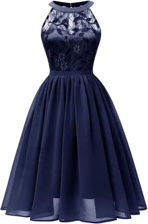 Women Vintage Halter Neck Floral Lace Hi-Lo Backless Bridesmaid Dress A-Line Short Prom Retro Cocktail Formal Swing Dress