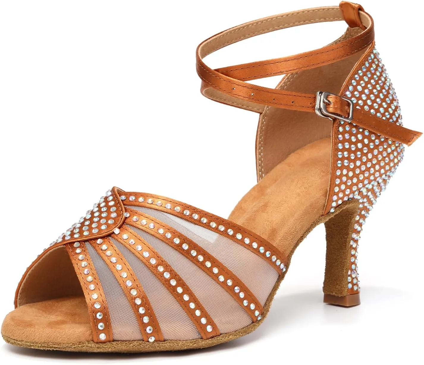 Women's Ballroom Dance Shoes Rhinestones Open Toe Professional Latin Salsa Performance Dancing Heels,Model YC-L598-Suede Sole-3”Heel