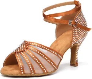 Women's Ballroom Dance Shoes Rhinestones Open Toe Professional Latin Salsa Performance Dancing Heels,Model YC-L598-Suede Sole-3”Heel