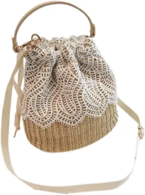 Women‘s Beach Bag Straw bags Soft Beige Lace Woven Rope Lace Large Capacity Handbag For Beach Casual Outfits