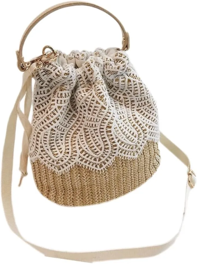 Women‘s Beach Bag Straw bags Soft Beige Lace Woven Rope Lace Large Capacity Handbag For Beach Casual Outfits