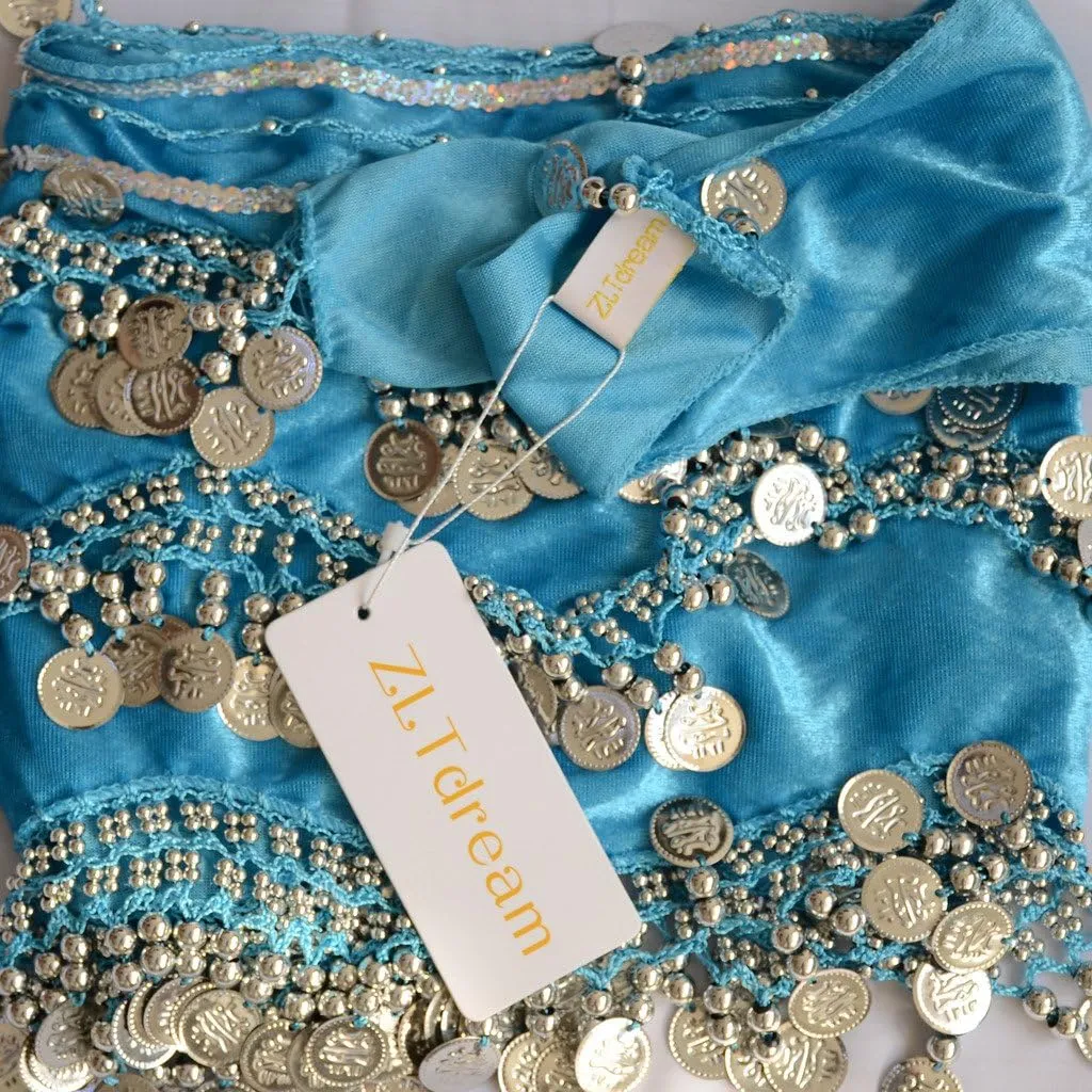 Women's Belly Dance Wave Shape Hip Scarf With Silver Coins