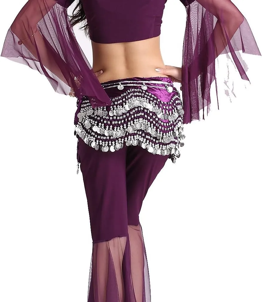 Women's Belly Dance Wave Shape Hip Scarf With Silver Coins