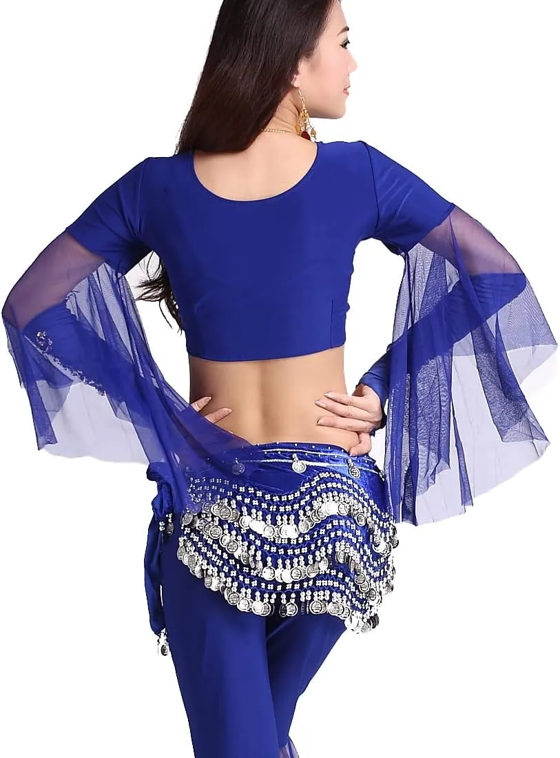 Women's Belly Dance Wave Shape Hip Scarf With Silver Coins
