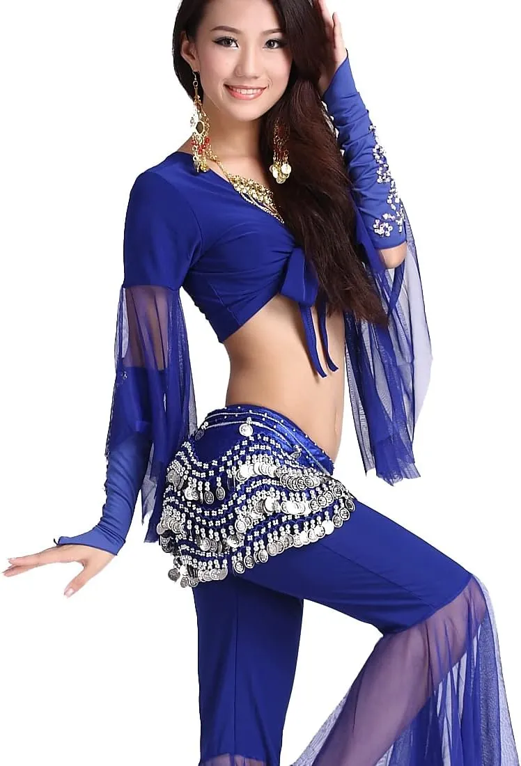 Women's Belly Dance Wave Shape Hip Scarf With Silver Coins