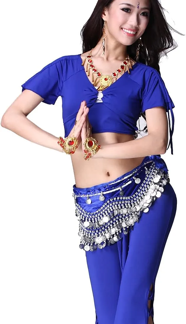 Women's Belly Dance Wave Shape Hip Scarf With Silver Coins