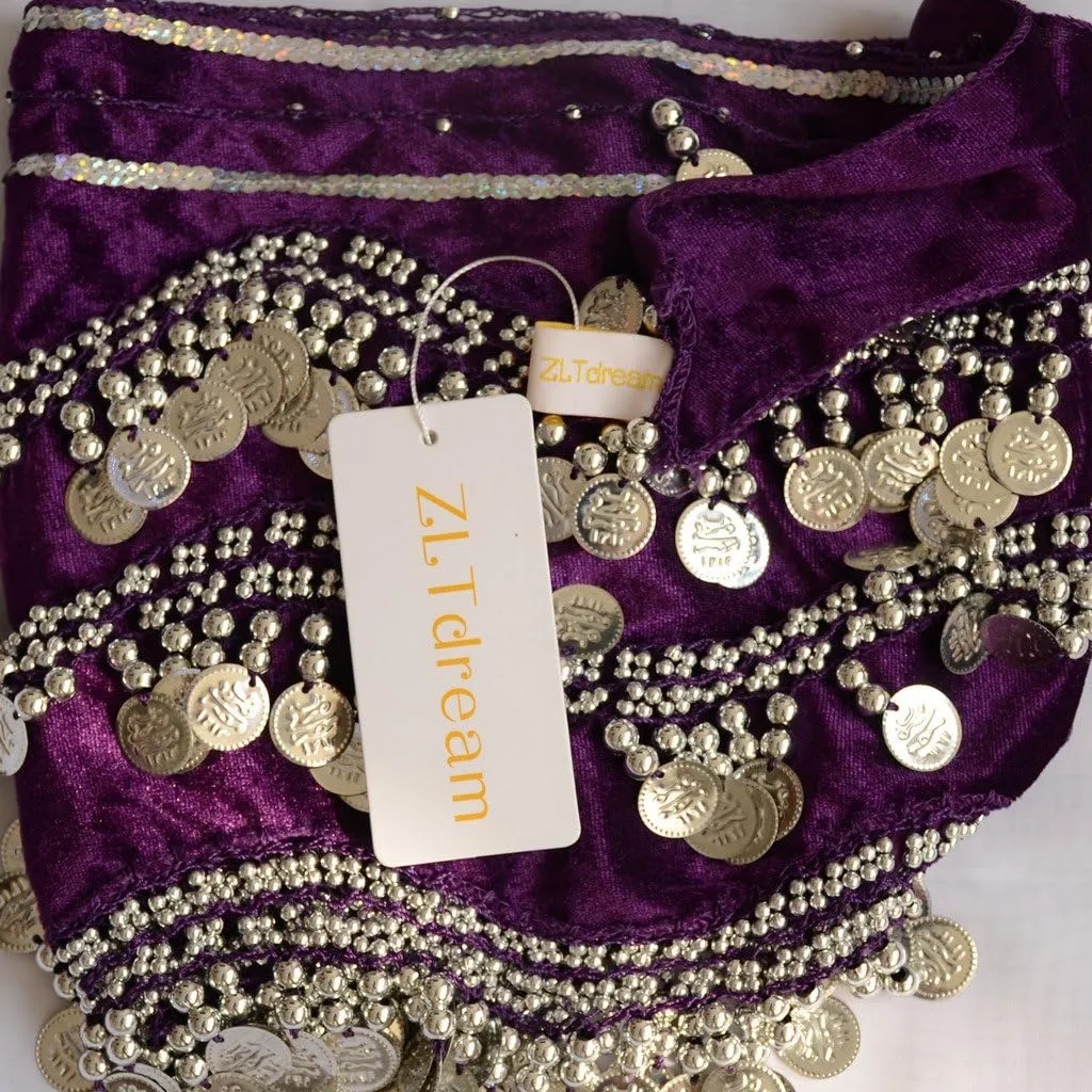 Women's Belly Dance Wave Shape Hip Scarf With Silver Coins