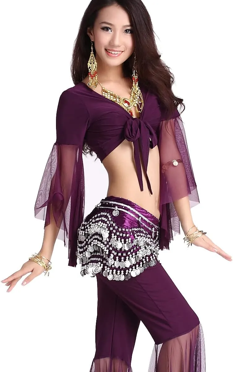 Women's Belly Dance Wave Shape Hip Scarf With Silver Coins