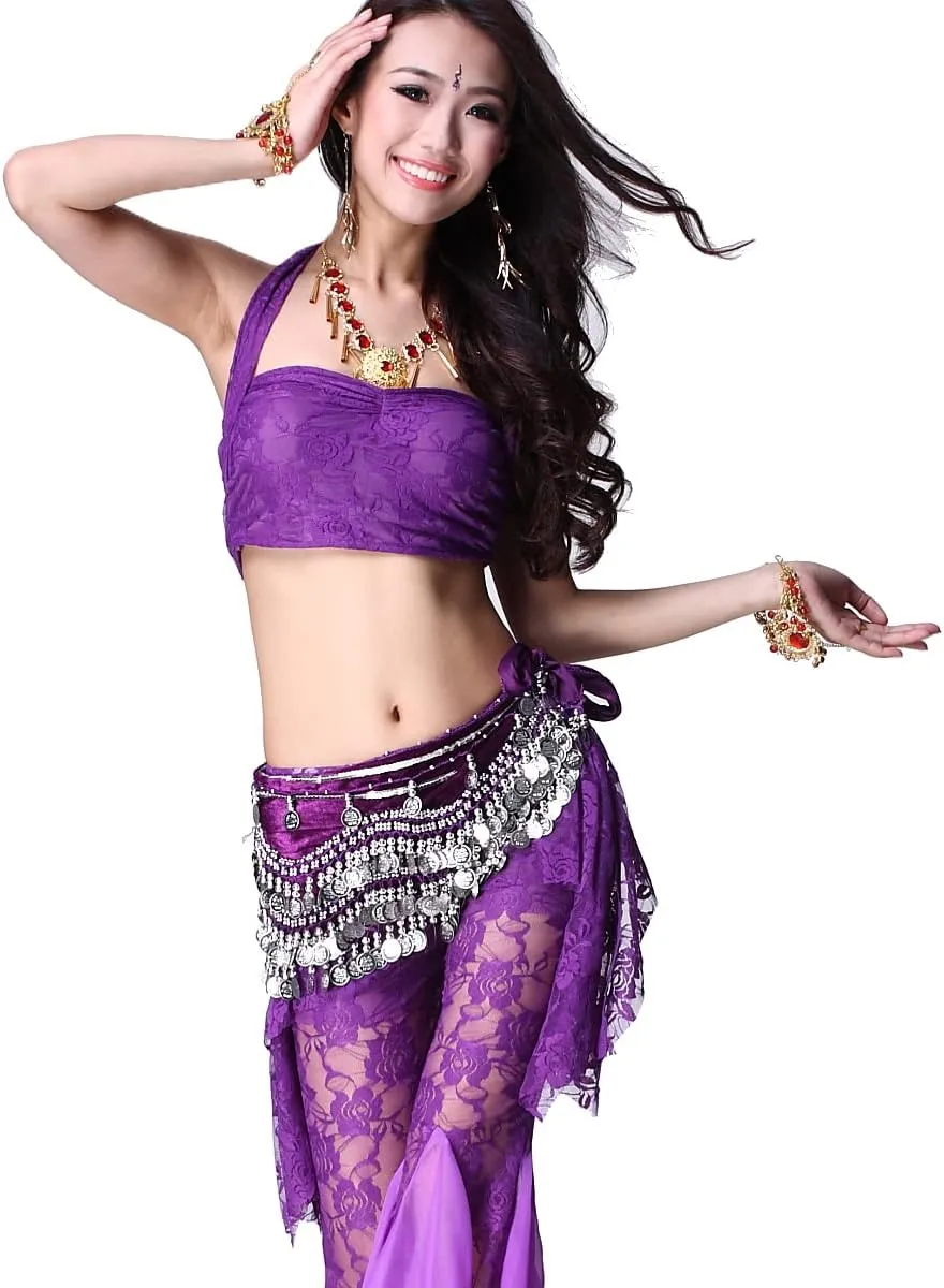 Women's Belly Dance Wave Shape Hip Scarf With Silver Coins