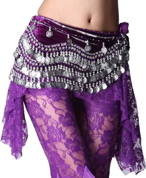 Women's Belly Dance Wave Shape Hip Scarf With Silver Coins