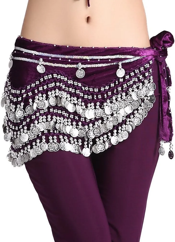 Women's Belly Dance Wave Shape Hip Scarf With Silver Coins