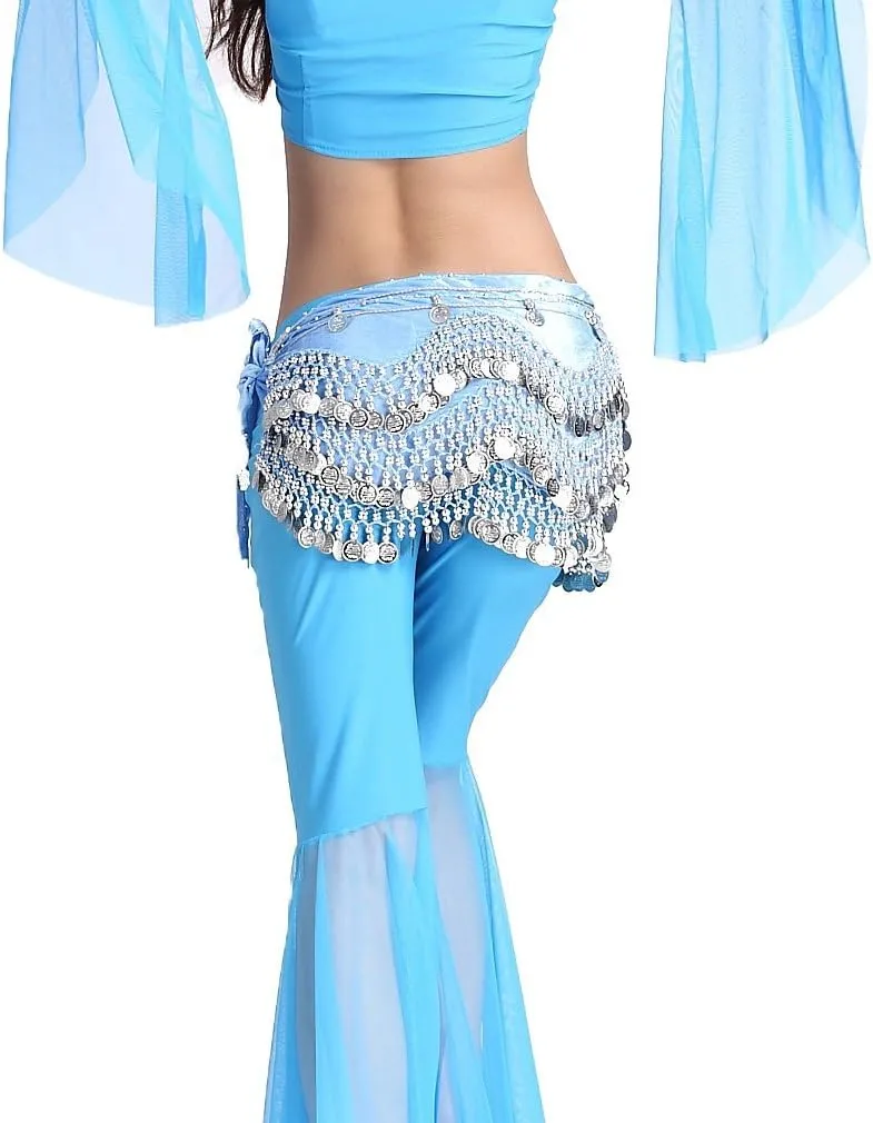 Women's Belly Dance Wave Shape Hip Scarf With Silver Coins