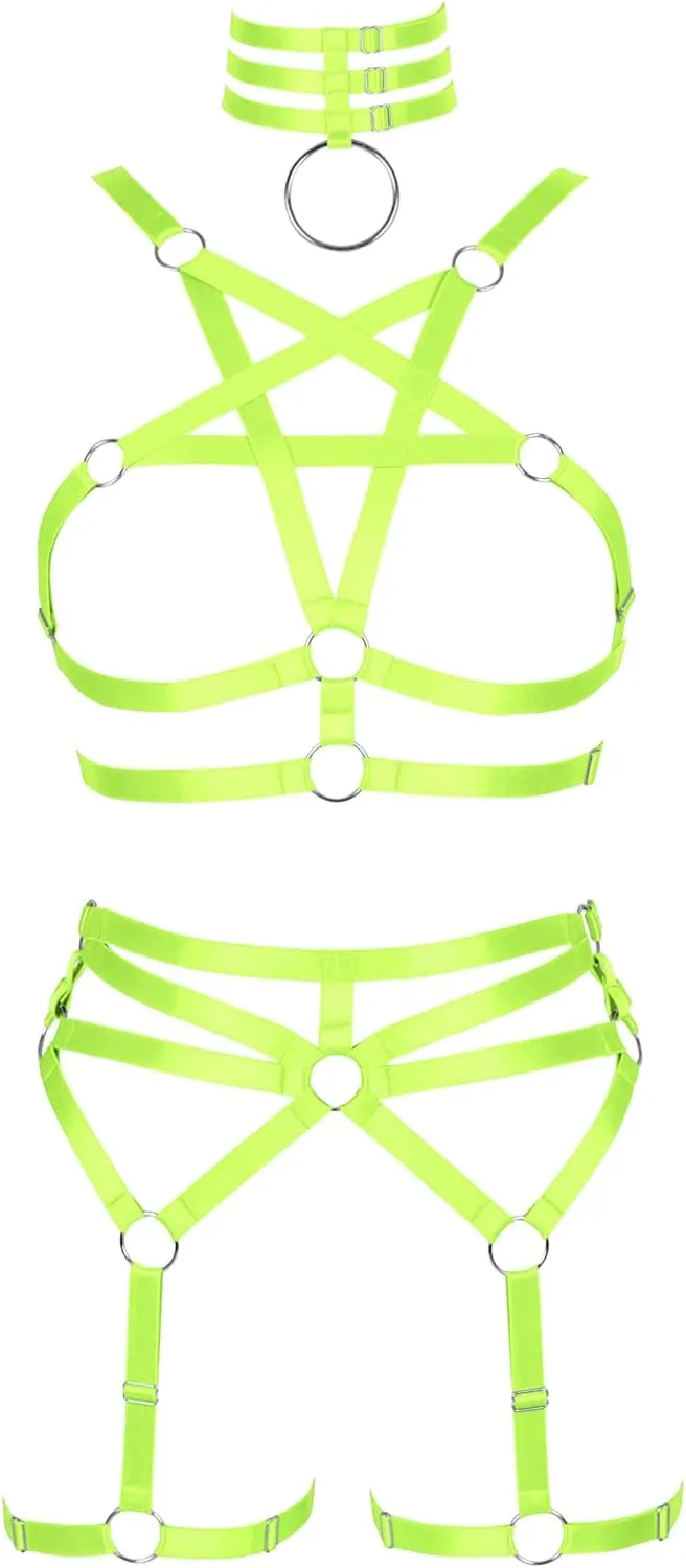 Women's Body Harness Pentagram Bra Set Punk Garter Leg Waist Dance Elastic Gothic Carnival Accessories