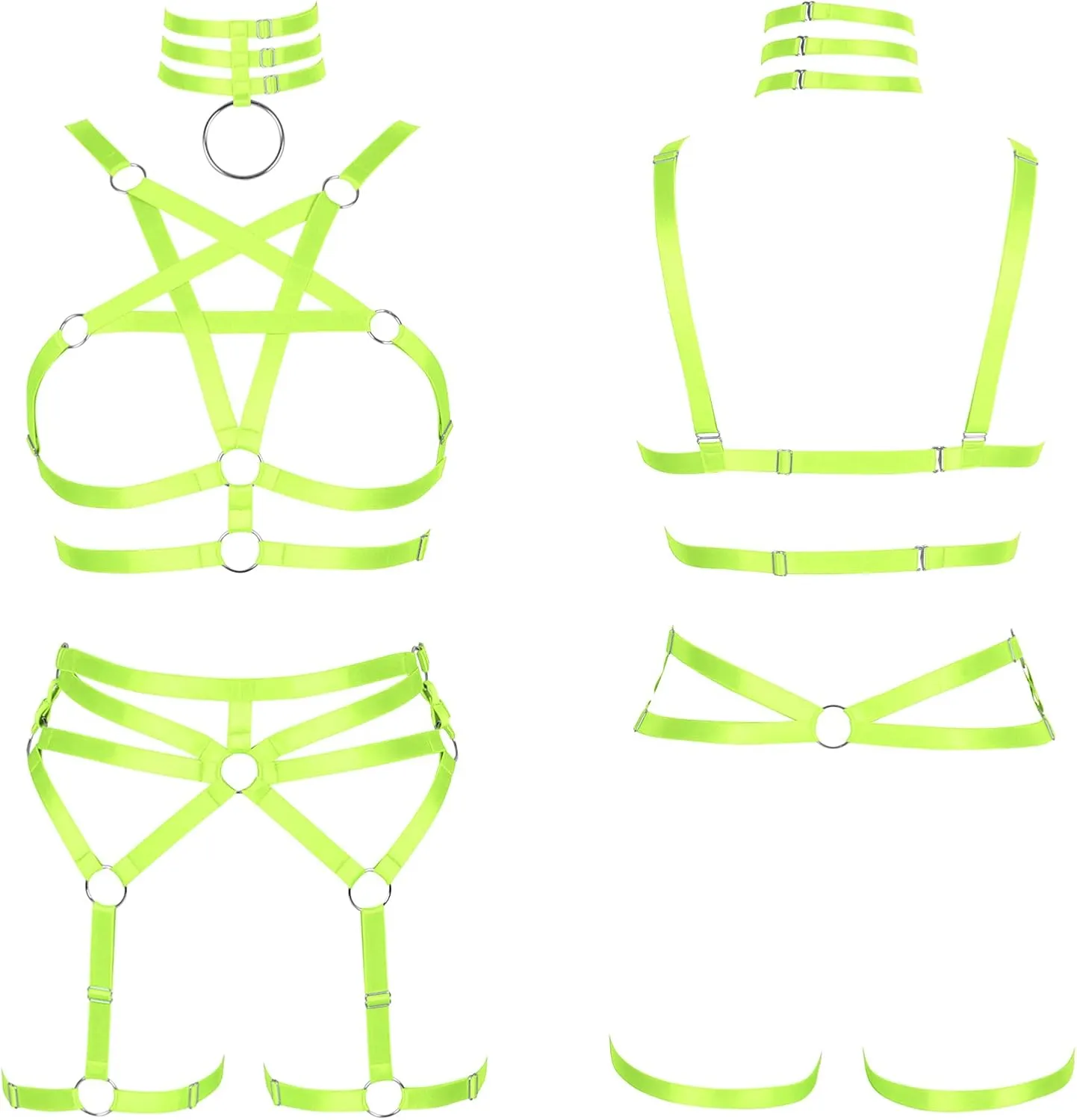 Women's Body Harness Pentagram Bra Set Punk Garter Leg Waist Dance Elastic Gothic Carnival Accessories