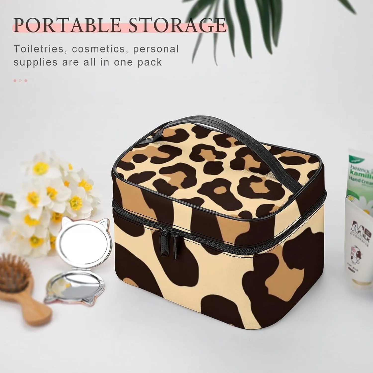 Women's Cool Cheetah Leopard Print Cosmetic Storage Bag, Large Capacity Makeup Case with Handle Portable Travel Toiletry Organizer Bag