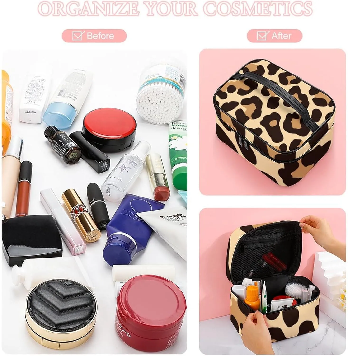 Women's Cool Cheetah Leopard Print Cosmetic Storage Bag, Large Capacity Makeup Case with Handle Portable Travel Toiletry Organizer Bag