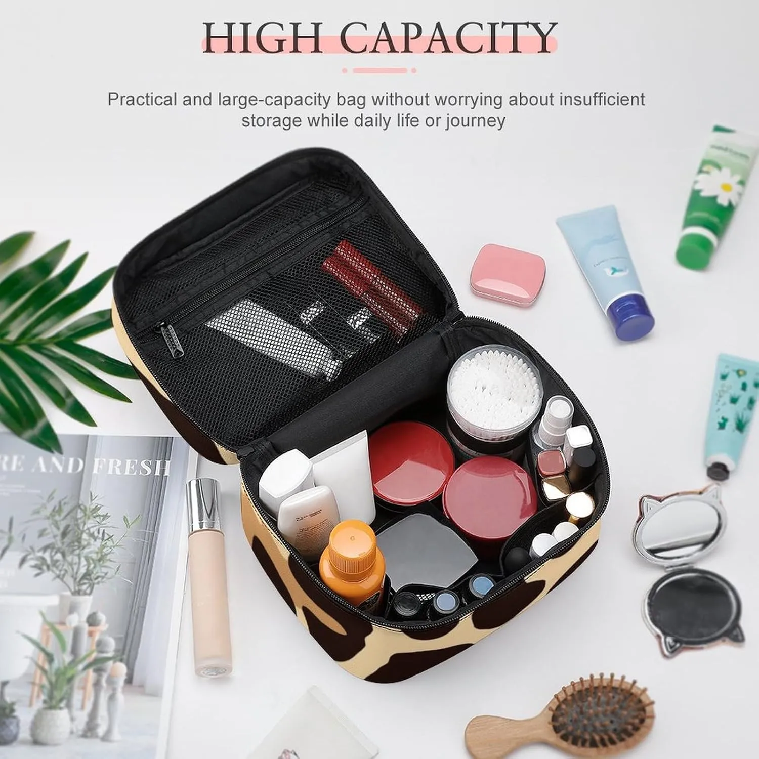 Women's Cool Cheetah Leopard Print Cosmetic Storage Bag, Large Capacity Makeup Case with Handle Portable Travel Toiletry Organizer Bag