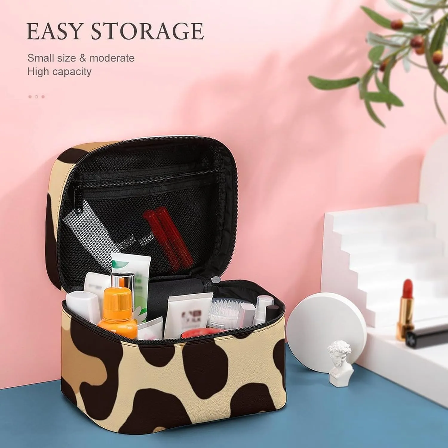 Women's Cool Cheetah Leopard Print Cosmetic Storage Bag, Large Capacity Makeup Case with Handle Portable Travel Toiletry Organizer Bag