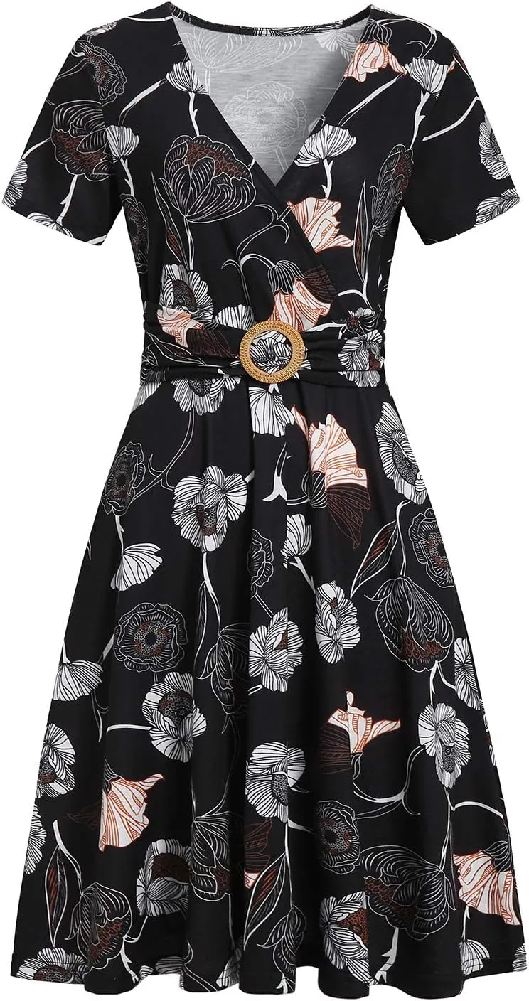 Women's Elegant Criss-Cross V Neck Vintage Short Sleeve Work Casual Fit and Flare Tea Dress with Pockets 980