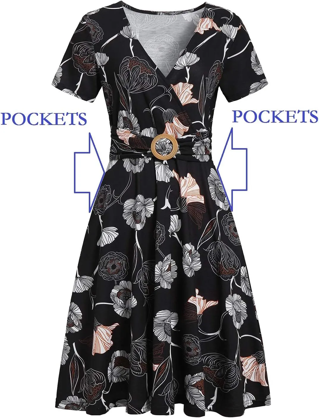 Women's Elegant Criss-Cross V Neck Vintage Short Sleeve Work Casual Fit and Flare Tea Dress with Pockets 980