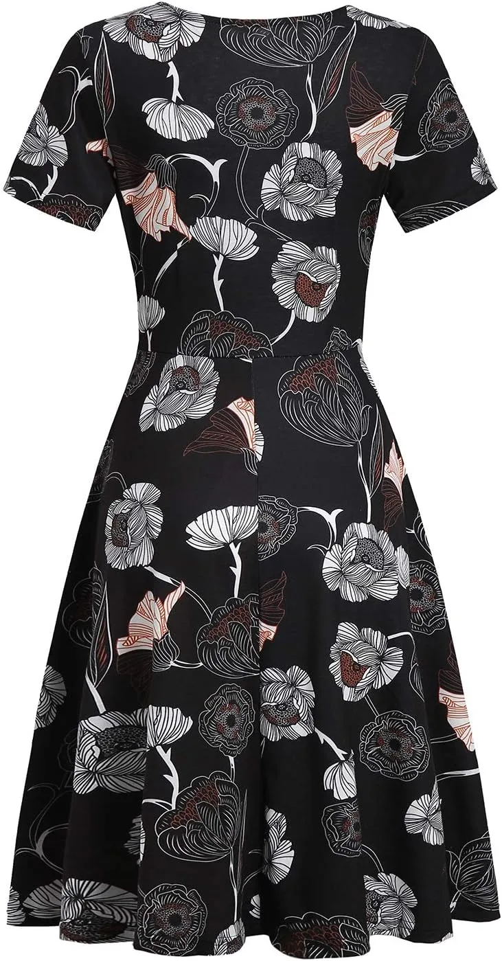 Women's Elegant Criss-Cross V Neck Vintage Short Sleeve Work Casual Fit and Flare Tea Dress with Pockets 980