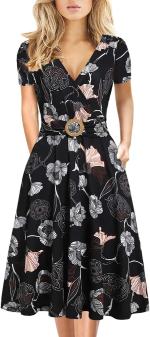 Women's Elegant Criss-Cross V Neck Vintage Short Sleeve Work Casual Fit and Flare Tea Dress with Pockets 980