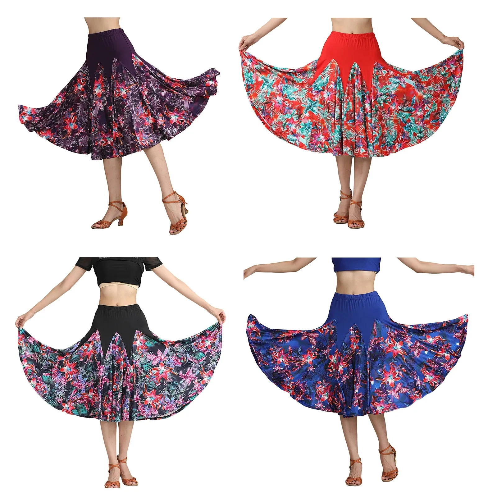 Women's Elegant Latin Ballroom Dance Skirt - Long Swing, Floral, Tango Waltz, Cha Cha Party Dress