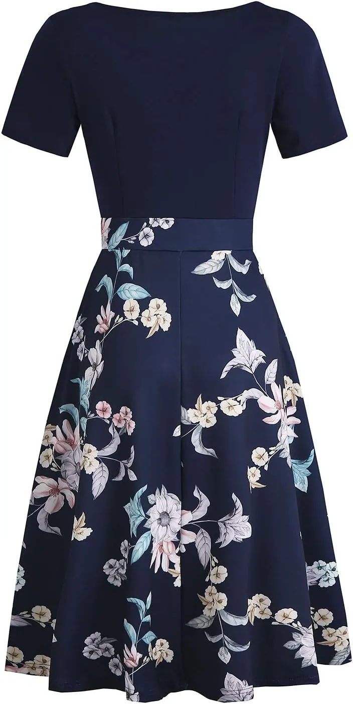 Women's Elegant Vintage Cotton Casual Floral Print Work Party Peter Pan Collar A-Line Dress with Pockets 978