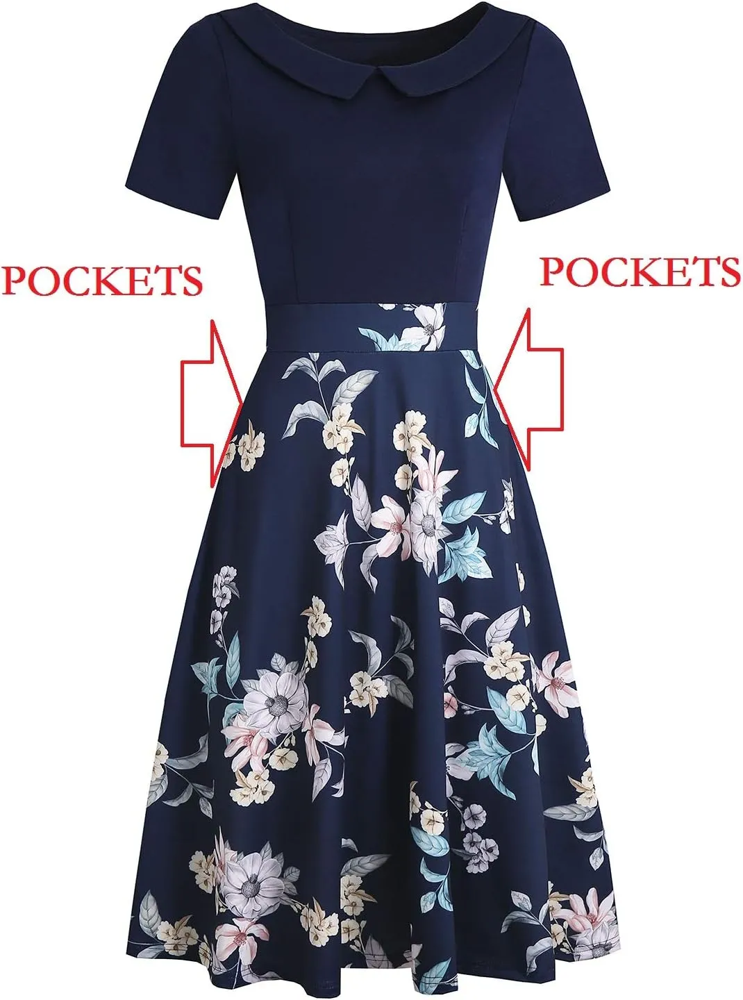 Women's Elegant Vintage Cotton Casual Floral Print Work Party Peter Pan Collar A-Line Dress with Pockets 978