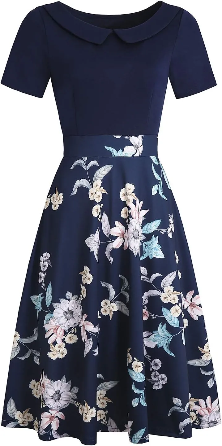 Women's Elegant Vintage Cotton Casual Floral Print Work Party Peter Pan Collar A-Line Dress with Pockets 978