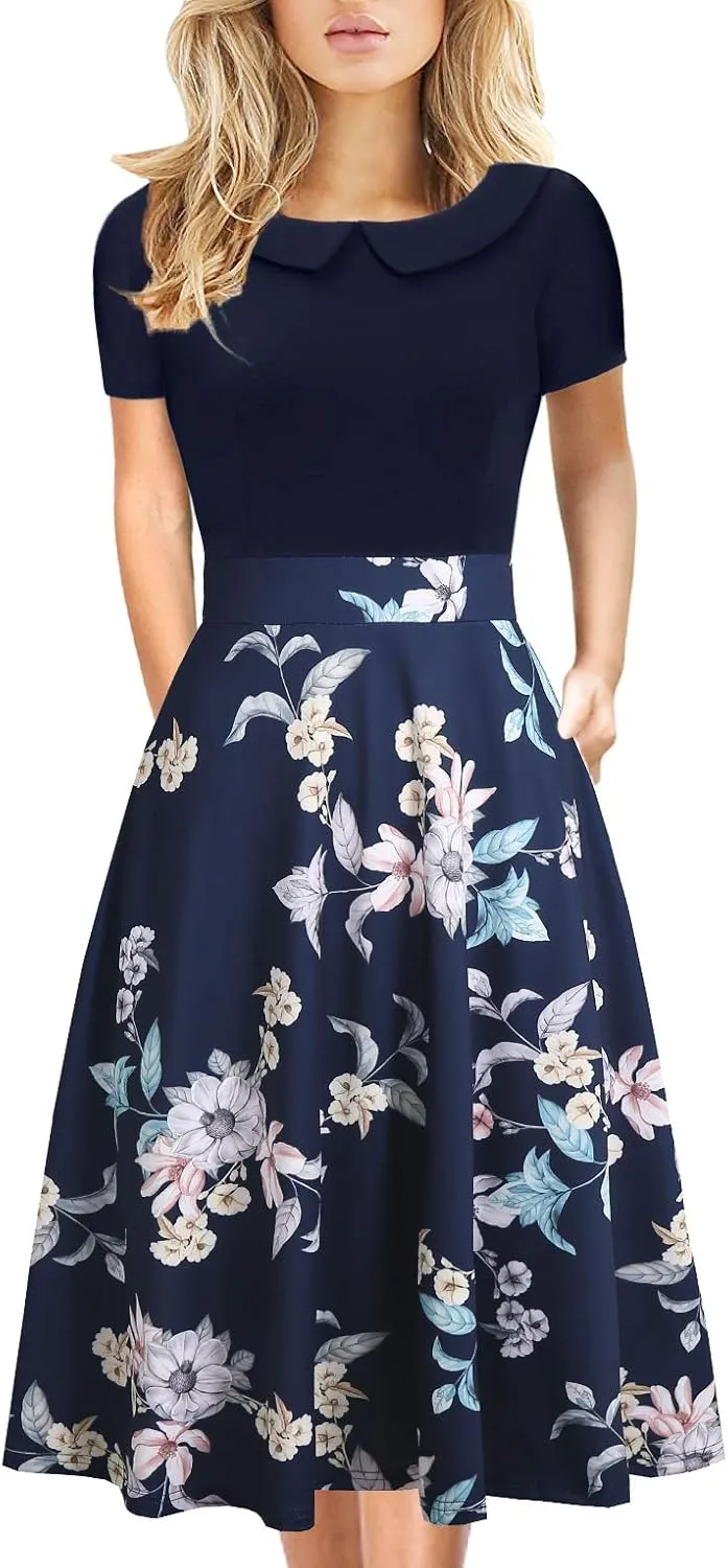 Women's Elegant Vintage Cotton Casual Floral Print Work Party Peter Pan Collar A-Line Dress with Pockets 978