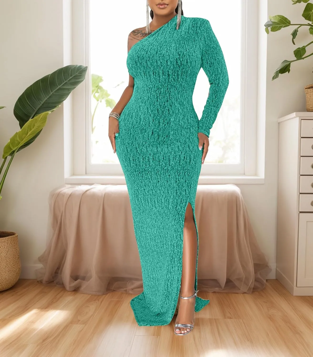 Women's Formal Dresses Elegant Long Sleeve Evening Party Dress Sexy One Shoulder High Split Cocktail Gowns